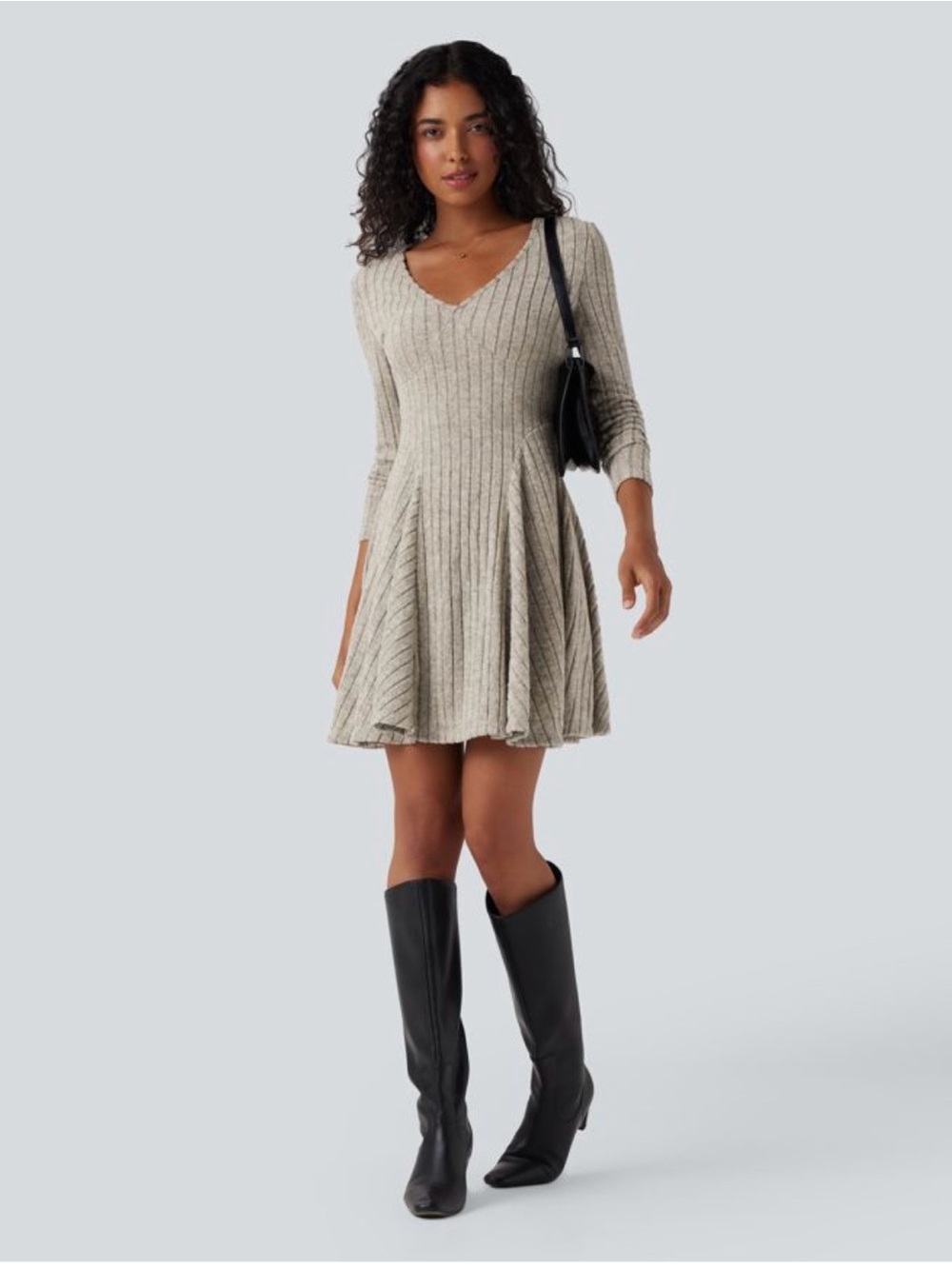 Halara Ribbed Knit V Neck Long Sleeve Flare Mini Casual Dress Size Small Tan